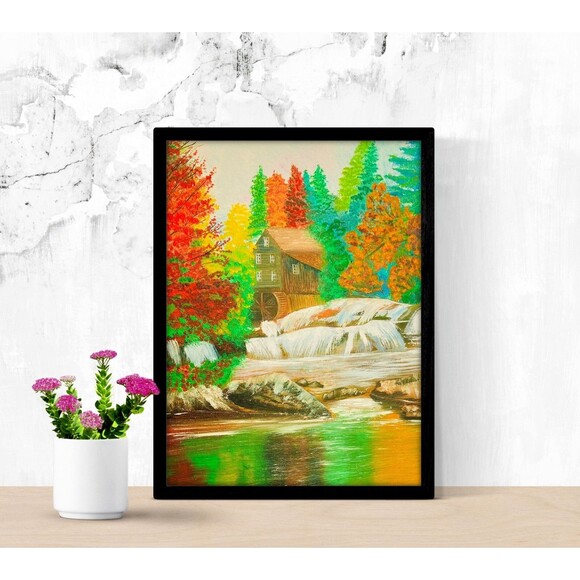 Original Oil Painting 12x16 Autumn Landscape Water Mill Rustic Farmhouse - Picture 7 of 12